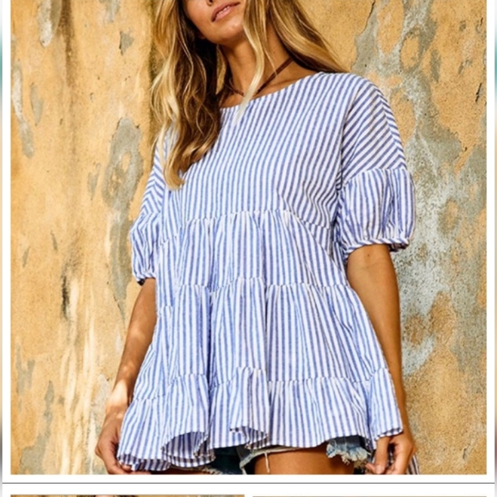 Bohemian Striped Tiered Baby Doll Blouse Top